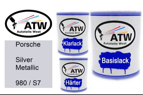 Porsche, Silver Metallic, 980 / S7: 1L Lackdose + 1L Klarlack + 500ml Härter - Set, von ATW Autoteile West.